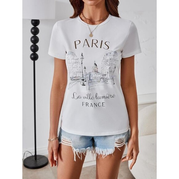 Women's Paris Graphic T Shirt Crew Neck Short Sleeve Casual Top Large - Picture 5 of 7
